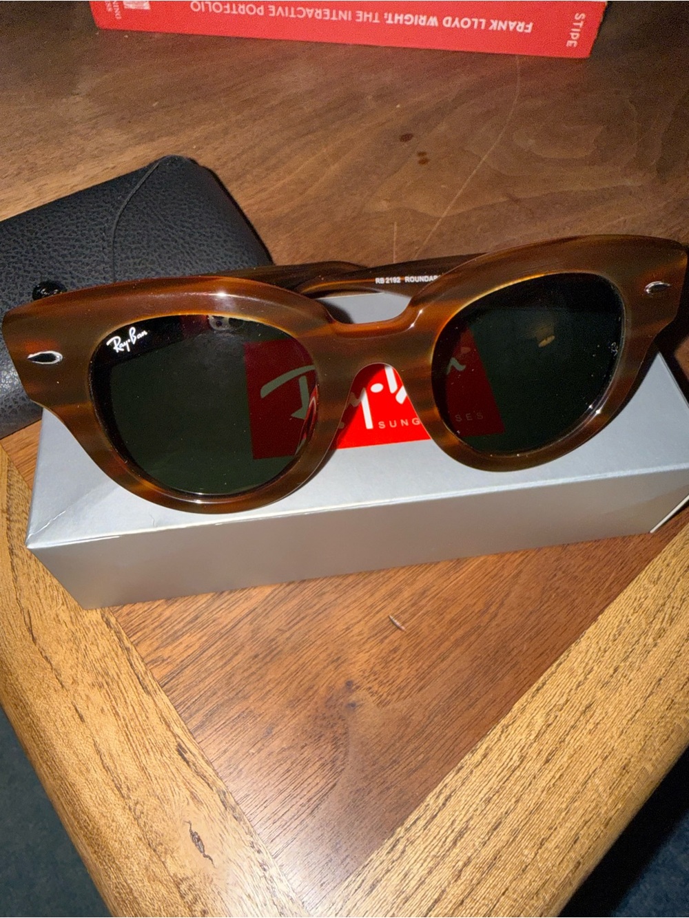 Ray-Ban Striped Red-Brown Frame Sunglasses with Green Lenses